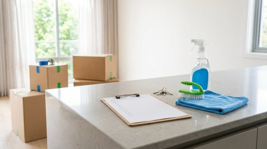 Move-out cleaning checklist with keys and supplies